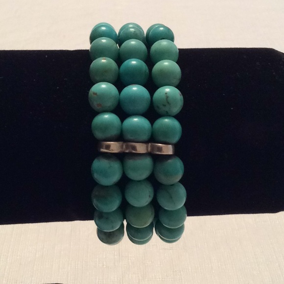 Jewelry - Sterling 3 Row 8mm Genuine Turquoise Stretch Bracelet